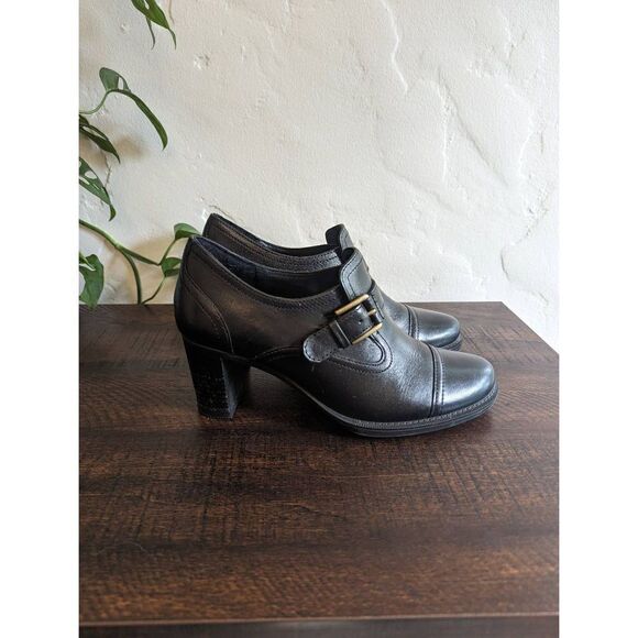 Ecco Black Leather Stacked Block Heeled Booties - Size 38 - Picture 1 of 9